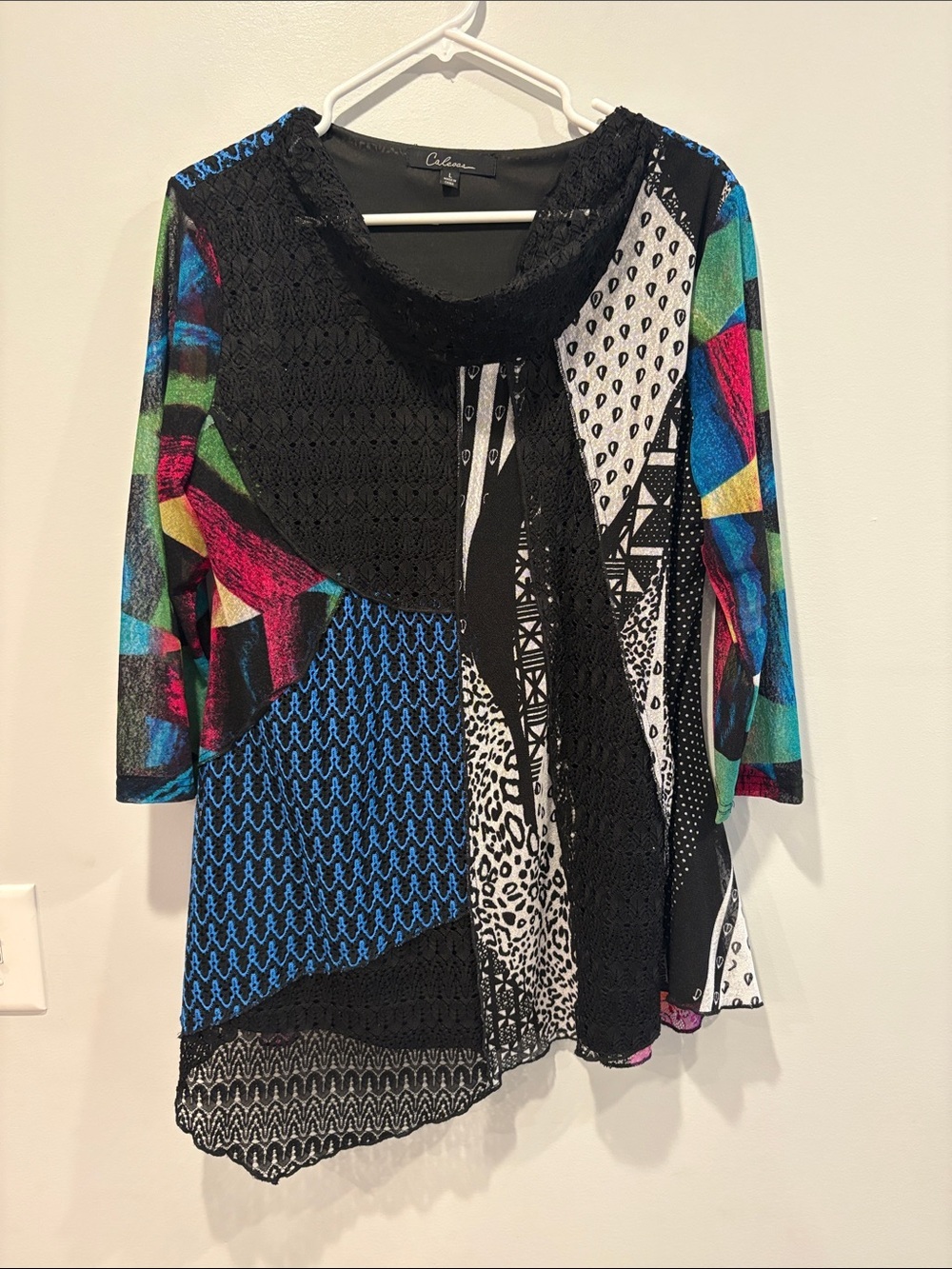 Multi-Color Patchwork Tunic Top with Black Crochet Trim